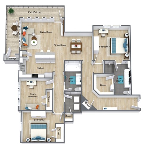 Floor plan for 3 beds, 2 baths, 1450 sqft